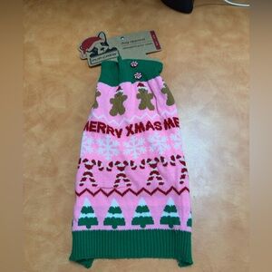 Pup Crew Pink and Green Christmas Dog Sweater - Gingerbread & Candy Canes